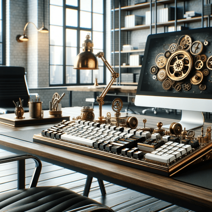Blend of steampunk and modern aesthetics in an office