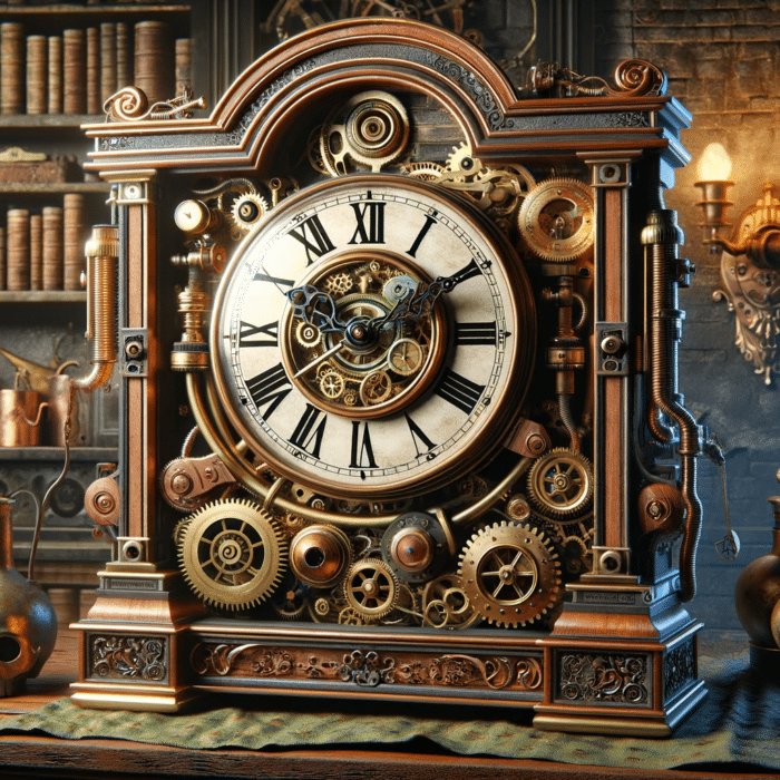 Steampunk clock in a library