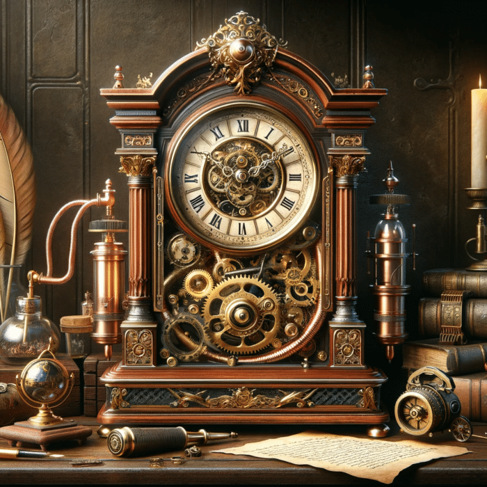 Steampunk clock on a table that looks like a small grandfather clock