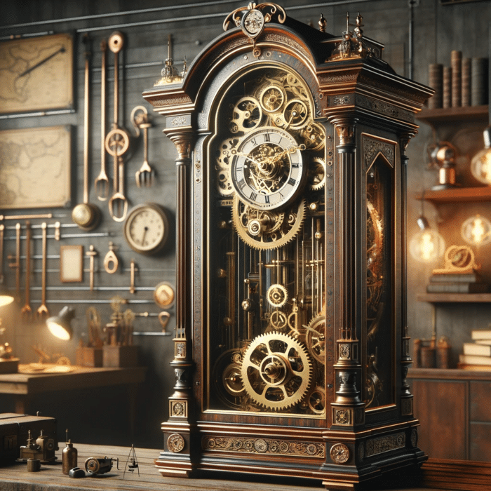 Steampunk grandfather clock in a workshop like room
