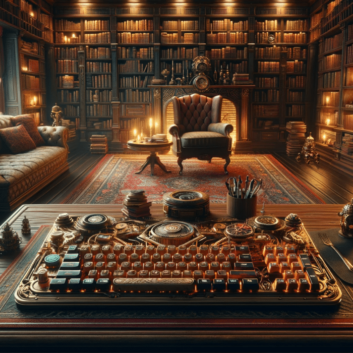 Steampunk keyboard in a library