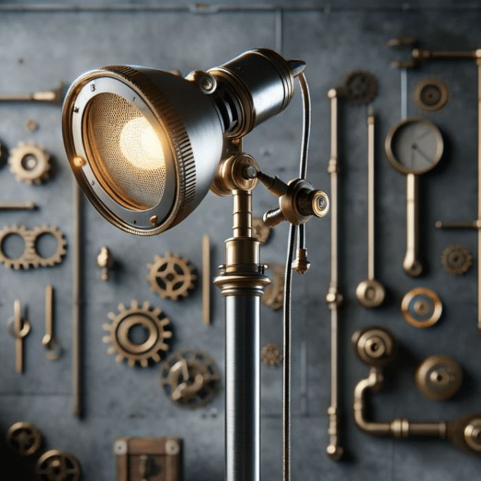 Steampunk lamp with tools on the background