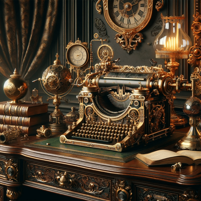 Steampunk office featuring a typewriter and a desk