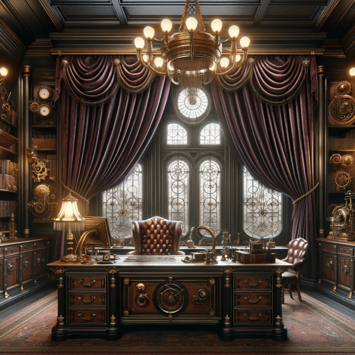 Steampunk office with a velvet curtain