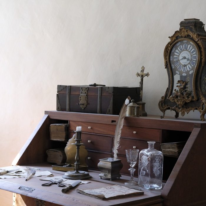 grandfather clock on desk
