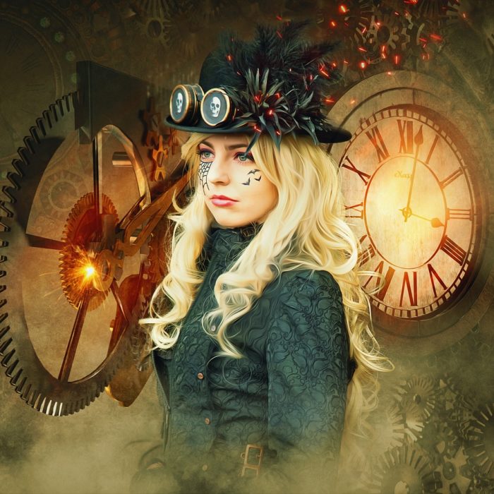 steampunk woman with clocks