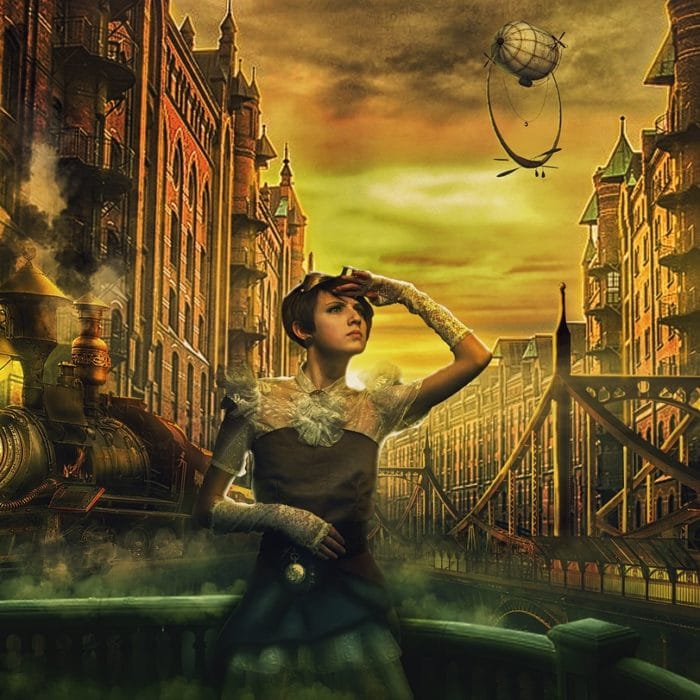 woman standing in steampunk city