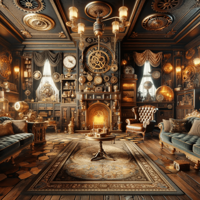 Steampunk living room with Victorian Era inspired elements