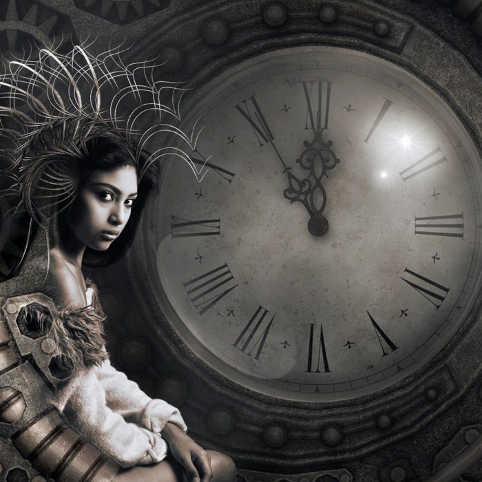 woman against steampunk clock
