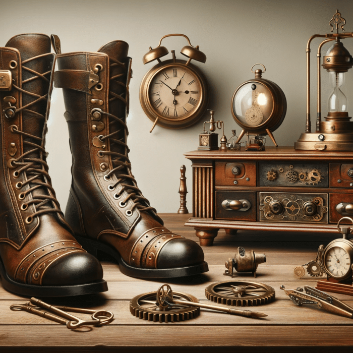 Steampunk boots on a table and devices