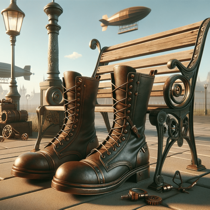 Steampunk boots outdoors with airships on the background and houses