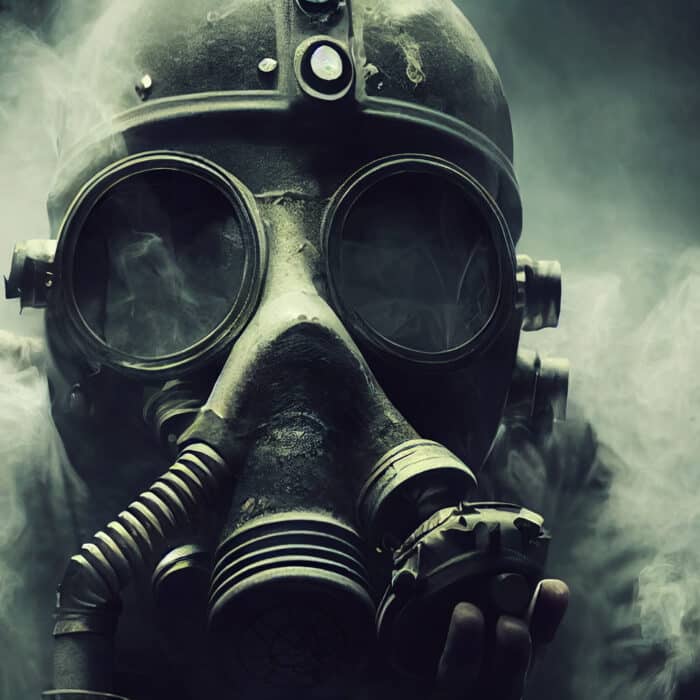 Man with gas mask in apocalyptic post war environment