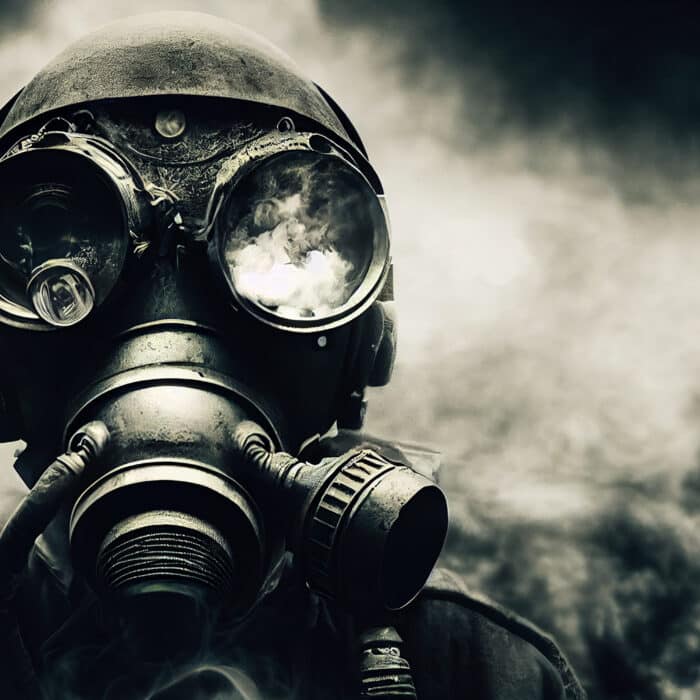 Man with gas mask in apocalyptic post war environment