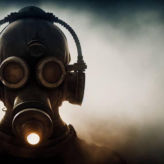 Man with gas mask in apocalyptic post war environment