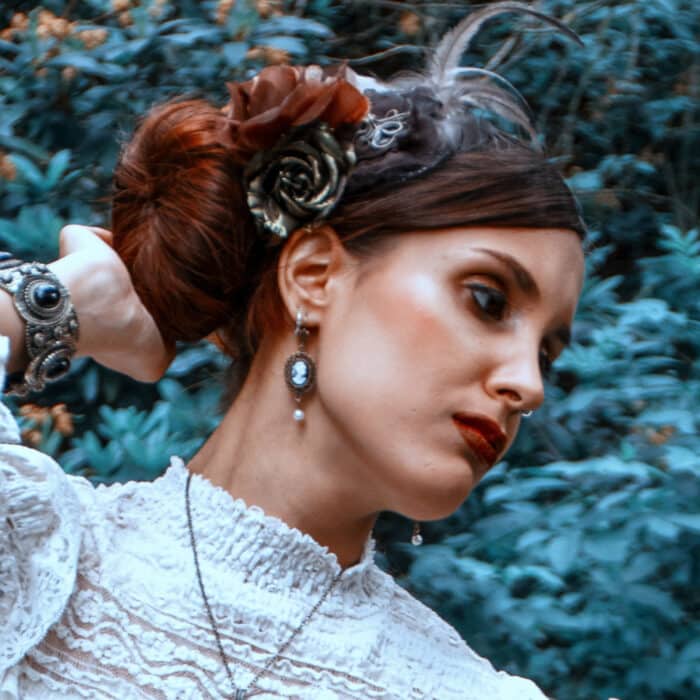 Woman wearing steampunk costume steampunk hairstyle hair style