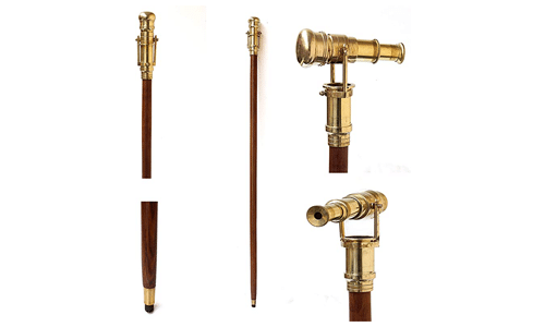 Wooden Walking Stick with Brass Handle Telescope