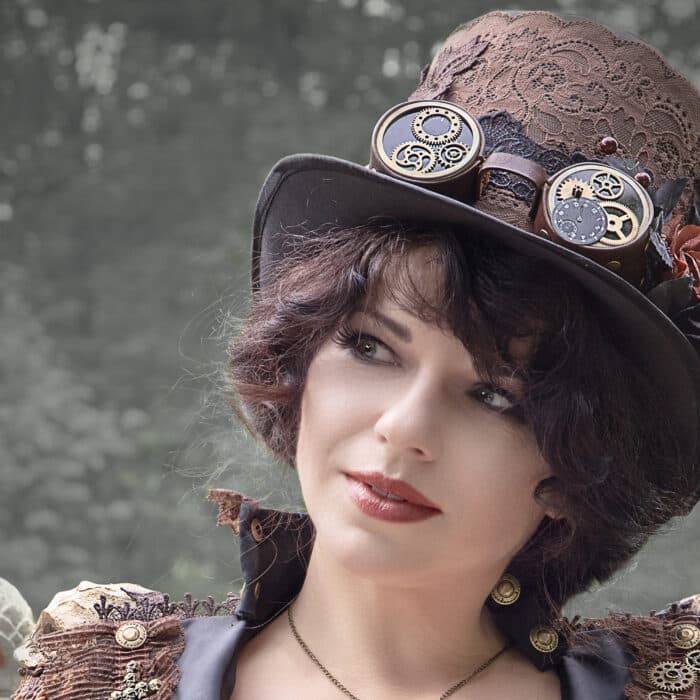 Woman in a steampunk costume hat hort