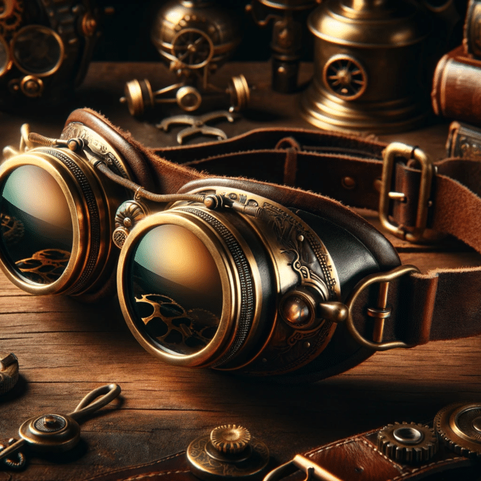 The steampunk goggles are intricately designed, featuring brass frames and leather straps. The lenses are round and made of a reflective, dark-tinted glass, with subtle engravings around the rims. The leather straps have metallic buckles for adjustment, and the sides of the goggles are adorned with small, detailed gears and steam-era motifs. The goggles rest on a wooden table with a vintage texture, highlighting their craftsmanship. The background includes a few steampunk accessories like a brass pocket watch, some old books, and a few mechanical gears scattered around, enhancing the steampunk theme. The lighting is warm and slightly dim, casting soft shadows and giving a vintage, nostalgic feel to the image. The color palette is dominated by the rich browns of the leather and wood, the muted golds and bronzes of the brass, and the dark tones of the lenses.